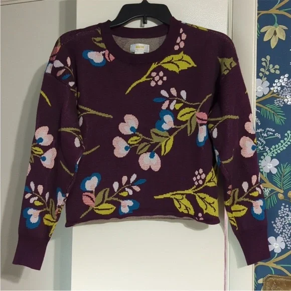 Anthropologie Maeve Sonal Nathwani Camryn Floral Sweater XS Plum Maroon Cropped - Picture 2 of 5